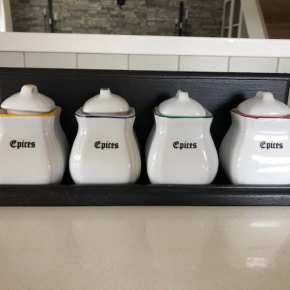 Veritable Other - Four (4) small white porcelain spice jars with lids and custom made wooden shelf